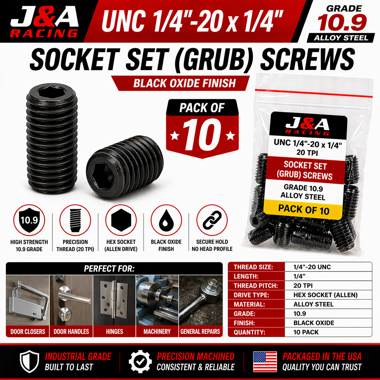 UNC 1/4-20 Socket Set Screws - Cup Point - High Tensile 10.9 - Pack of 10