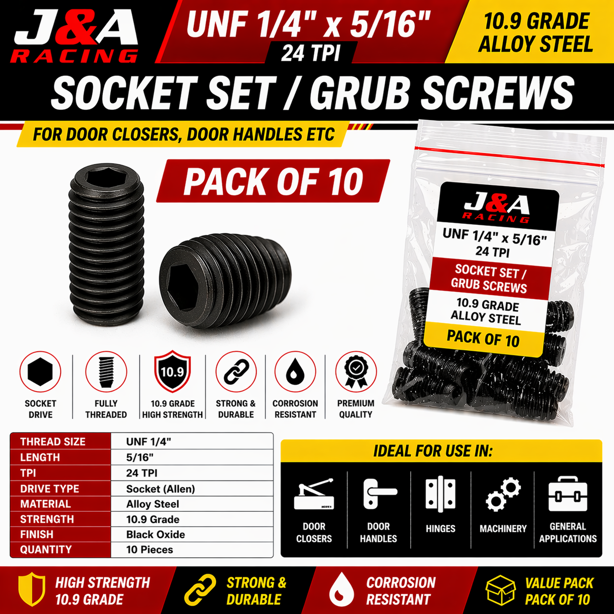 UNF 1/4 inch x 5/16 inch Socket Grub Screws - 24 TPI - High Tensile 10.9 - Pack of 10