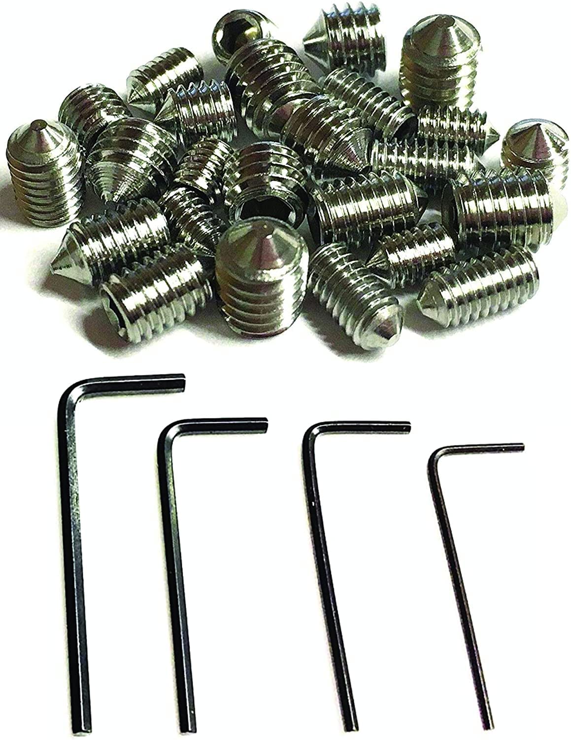 Cone Point Grub Screws Mixed (16 Pack) 5mm Length, Metric Threads, M3, M4, M5 & M6. A2 Grade Stainless/Plus 4 Piece Hex Keys Set