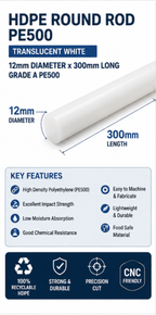 HDPE-Stange (PE500) – Hochdichtes Polyethylen Grade A x 300 mm Längen