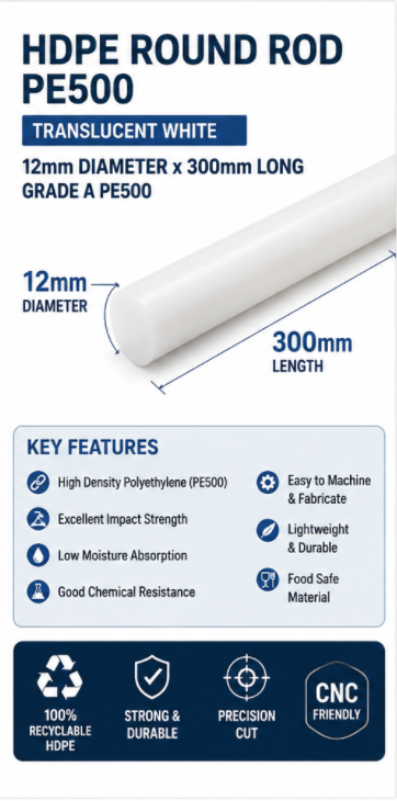 HDPE Round Rod – Translucent White 12mm Diameter x 300mm Grade A PE500