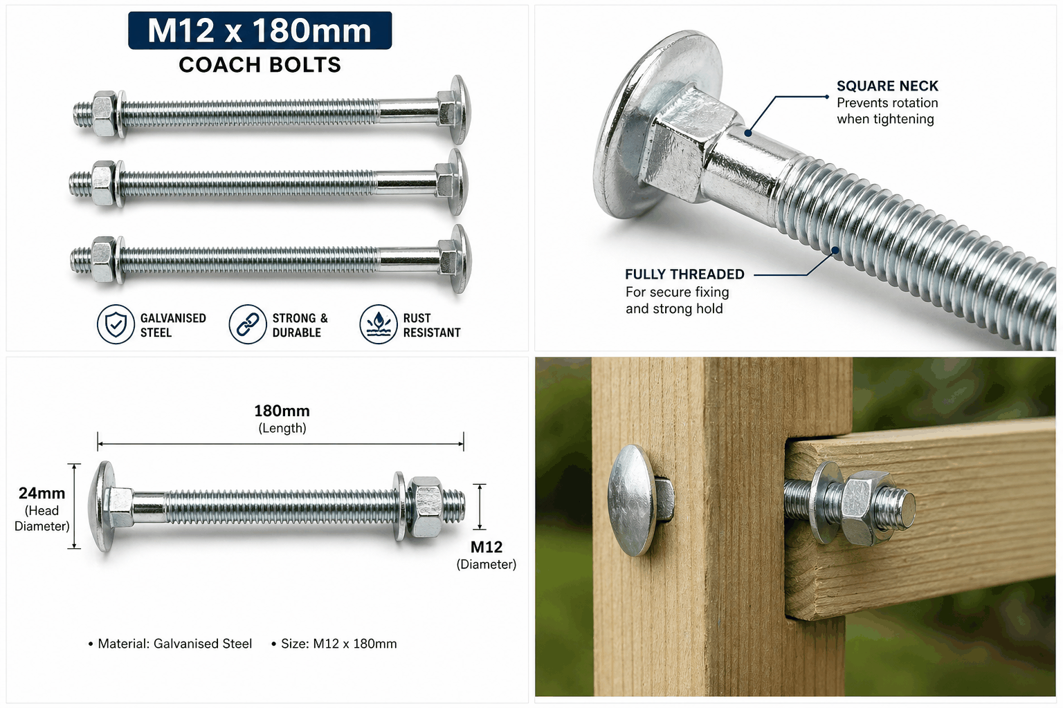 M12 x 180mm Coach Bolts - BZP Grade 4.8 - DIN 603 Carriage Bolts with Nuts and Washers - Pack of 4