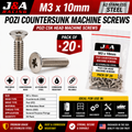 M3 x 10mm Pozi Countersunk Machine Screws - A2 Stainless Steel - Pack of 20