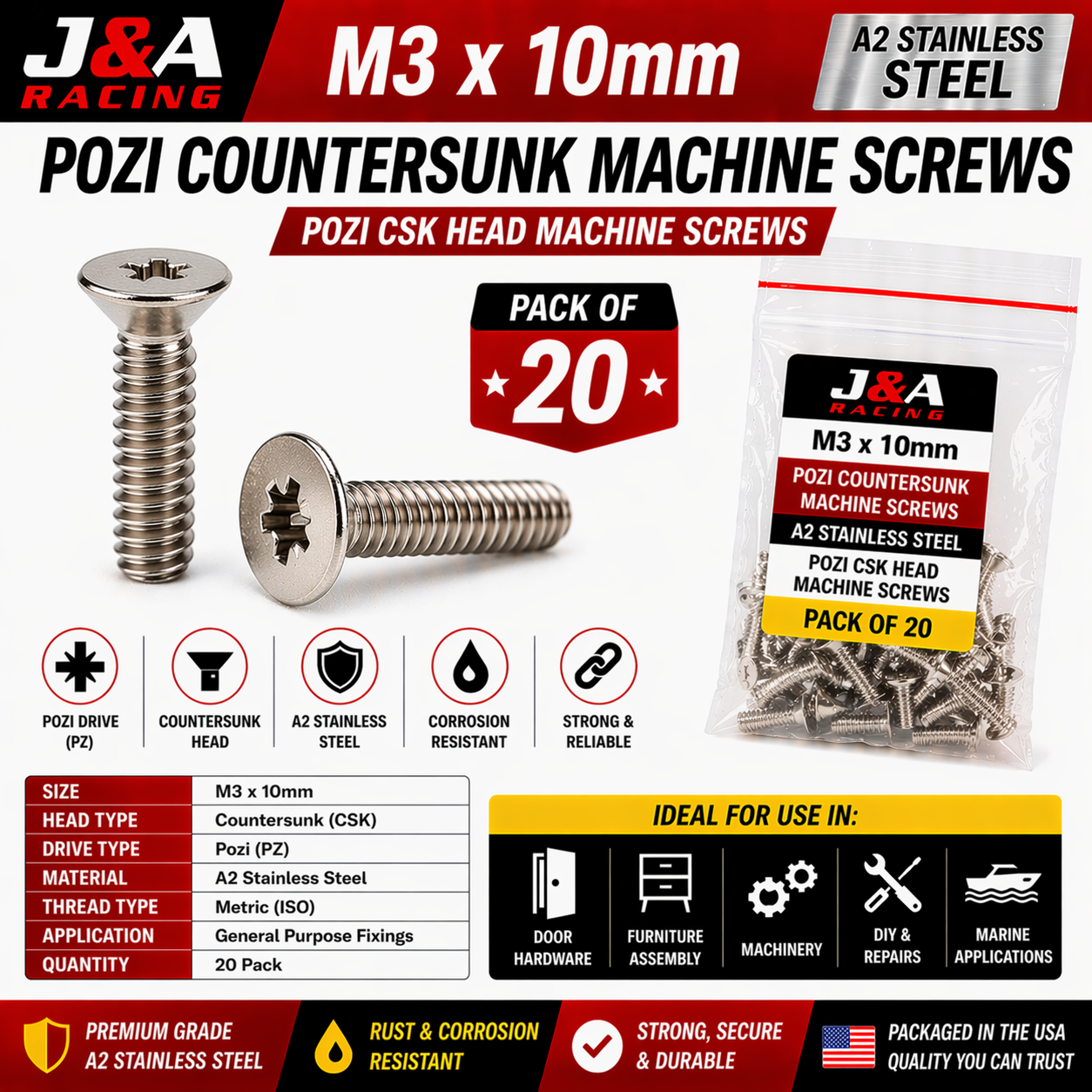 M3 x 10mm Pozi Countersunk Machine Screws - A2 Stainless Steel - Pack of 20