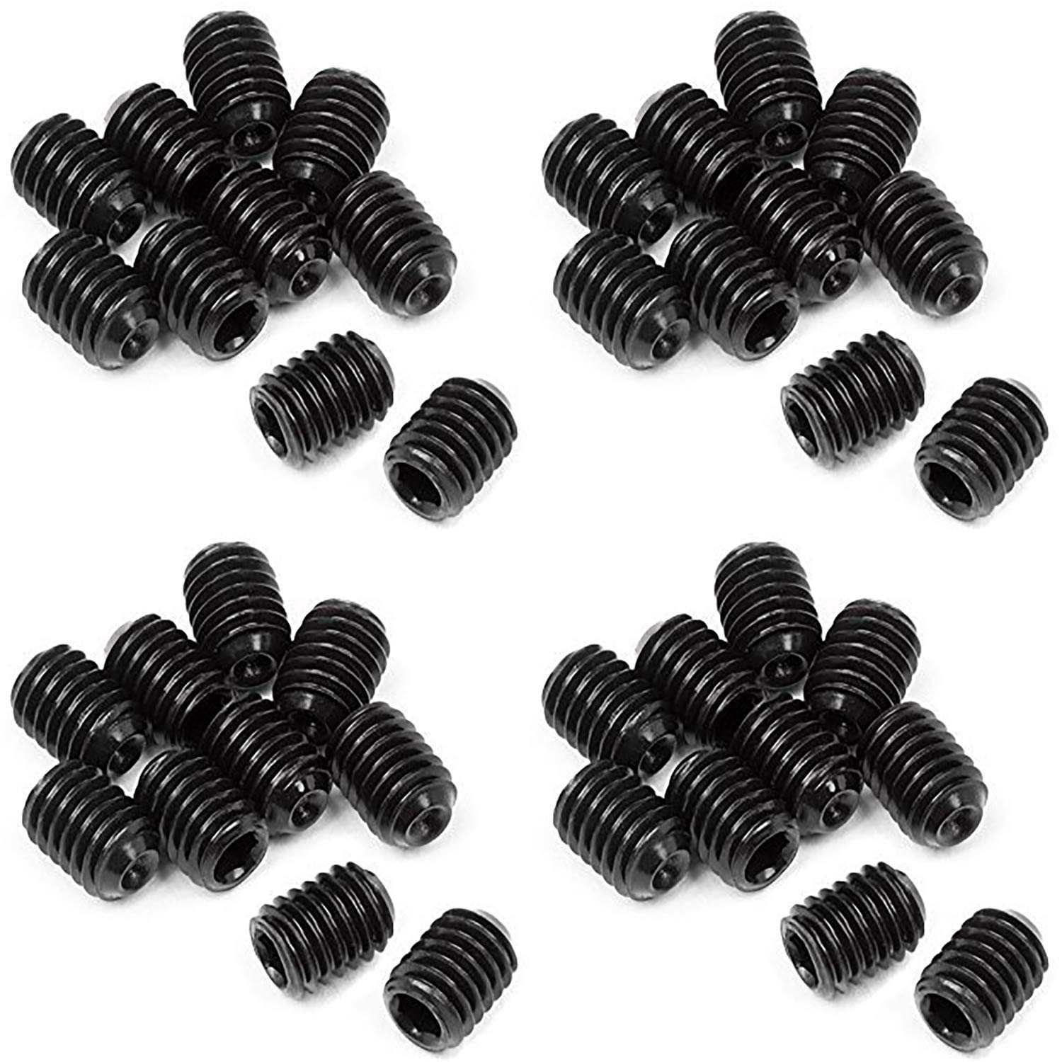 Pack of 10 M3 x 5mm cup point grub screws made from Grade 45H high tensile steel with hex socket drive and black oxide finish.