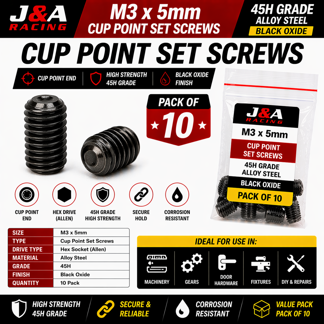 M3 x 5mm Socket Set Screws - Cup Point - Black Grade 45H - Pack of 10