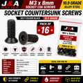 M3 x 8mm Countersunk Socket Screws - Black High Tensile 10.9 - Pack of 16