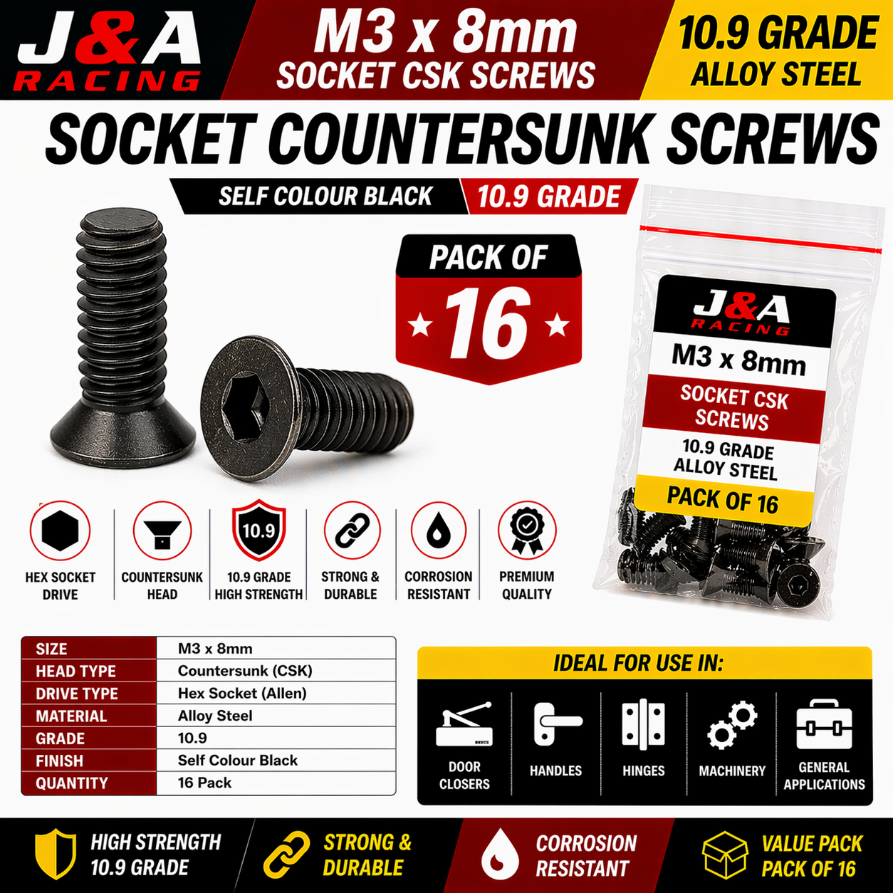 M3 x 8mm Countersunk Socket Screws - Black High Tensile 10.9 - Pack of 16