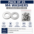 M4 Form A Flat Washers A2 Stainless Steel 4.3mm ID Pack of 25