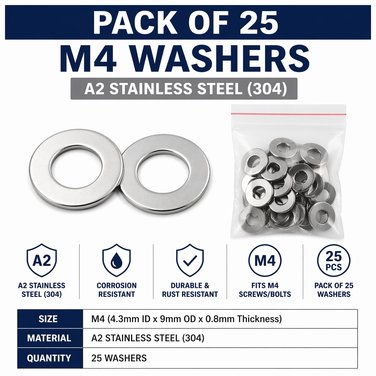 M4 Form A Flat Washers A2 Stainless Steel 4.3mm ID Pack of 25