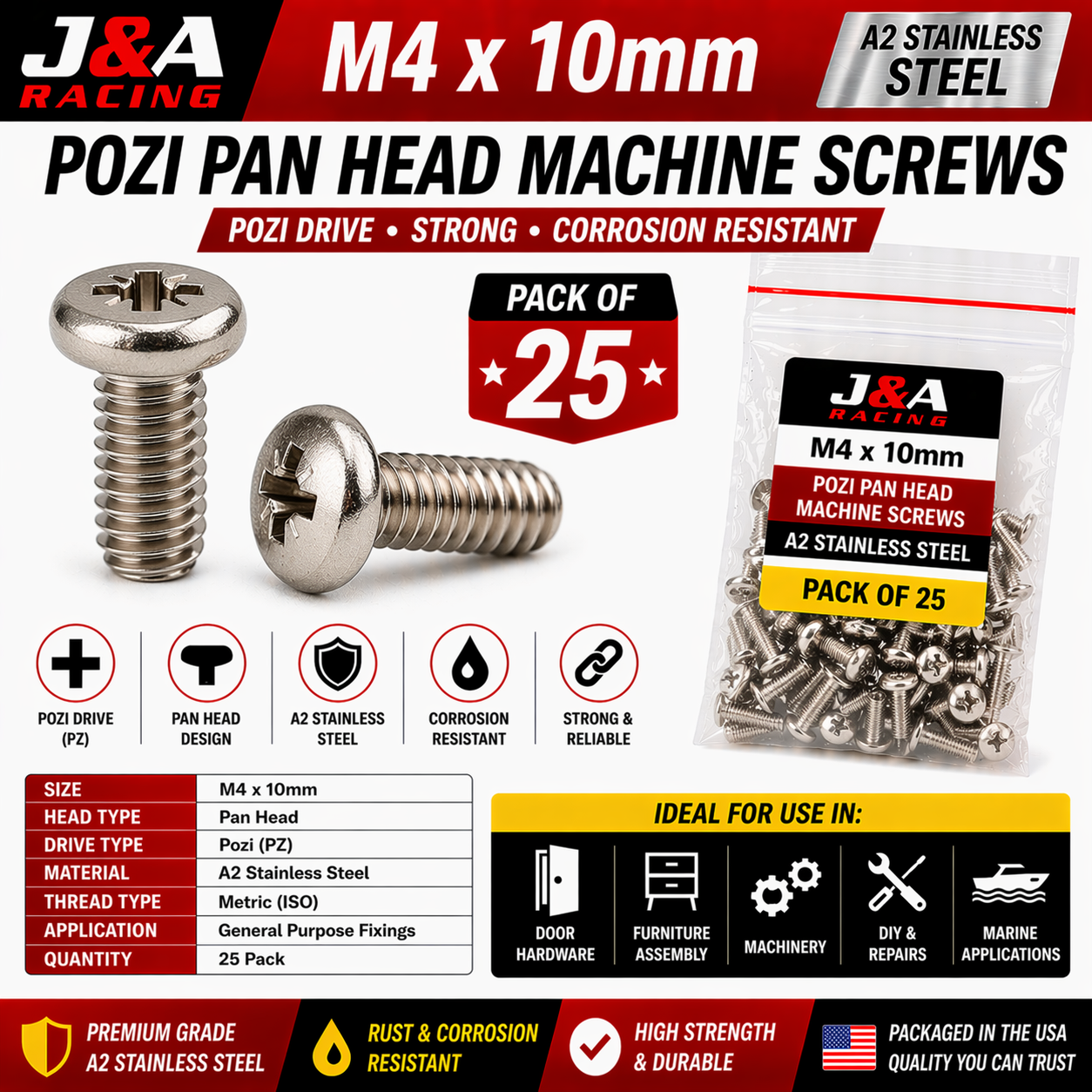 M4 x 10mm Pozi Pan Head Machine Screws - A2 Stainless Steel - Pack of 25