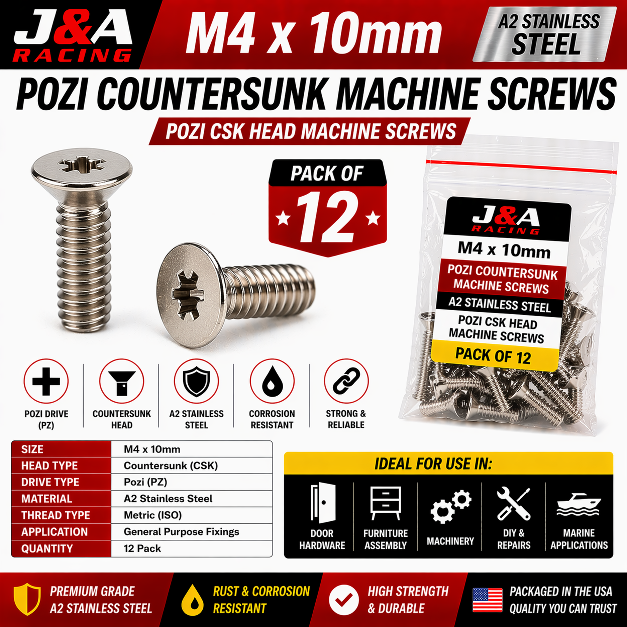 M4 x 10mm Pozi Countersunk Machine Screws - A2 Stainless Steel - Pack of 12