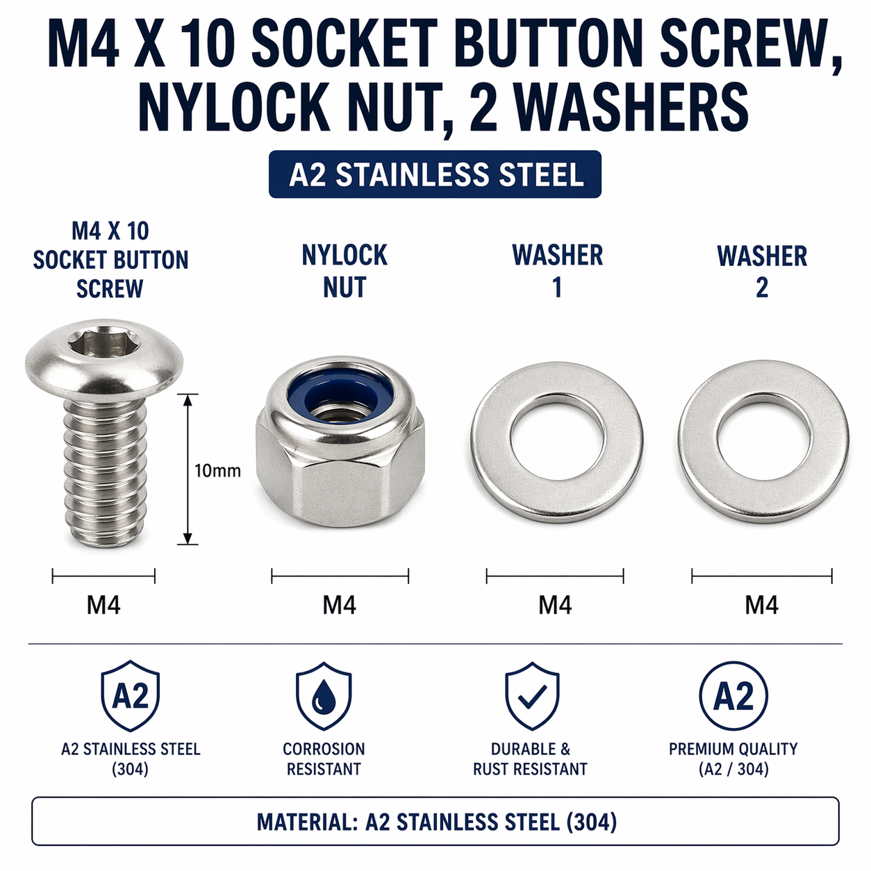 M4 x 10mm Socket Button Head Screw Kit 1x Bolt, 2x Washers, 1x Nyloc Nut