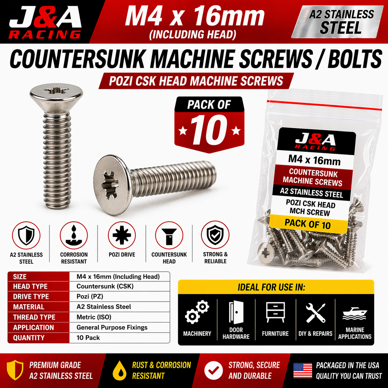 M4 x 16mm Pozi Countersunk Machine Screws - A2 Stainless Steel - Pack of 10