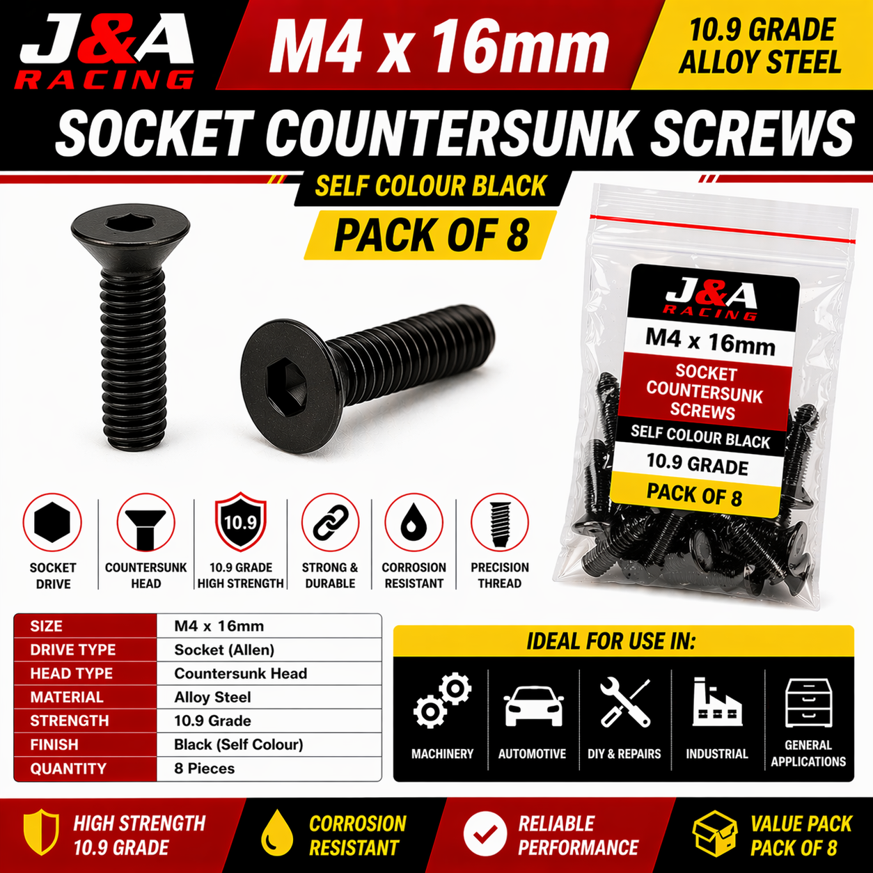 M4 x 16mm Countersunk Socket Screws - Black High Tensile 10.9 - Pack of 8