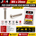 M4 x 20mm Pozi Countersunk Machine Screws - A2 Stainless Steel - Pack of 12