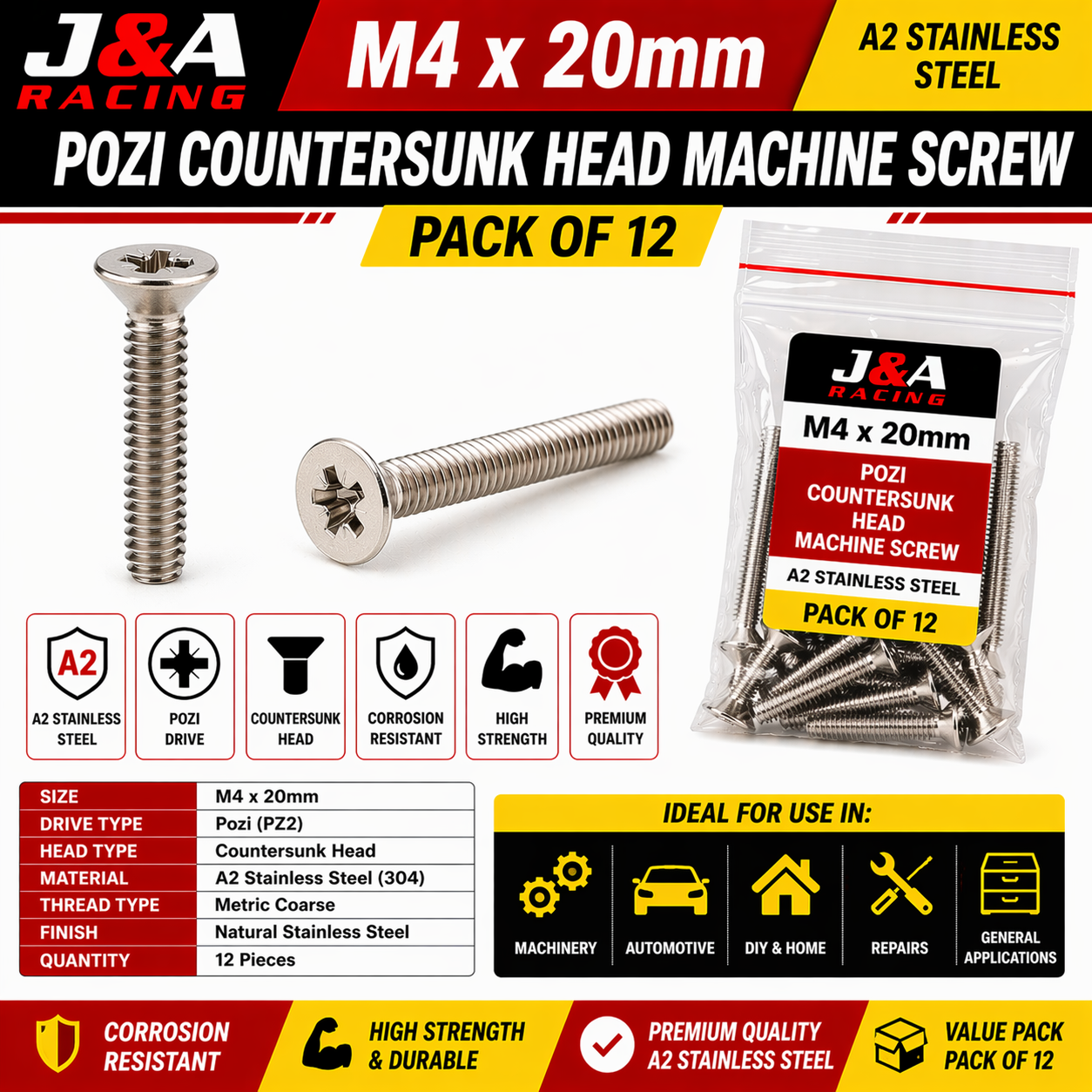 M4 x 20mm Pozi Countersunk Machine Screws - A2 Stainless Steel - Pack of 12