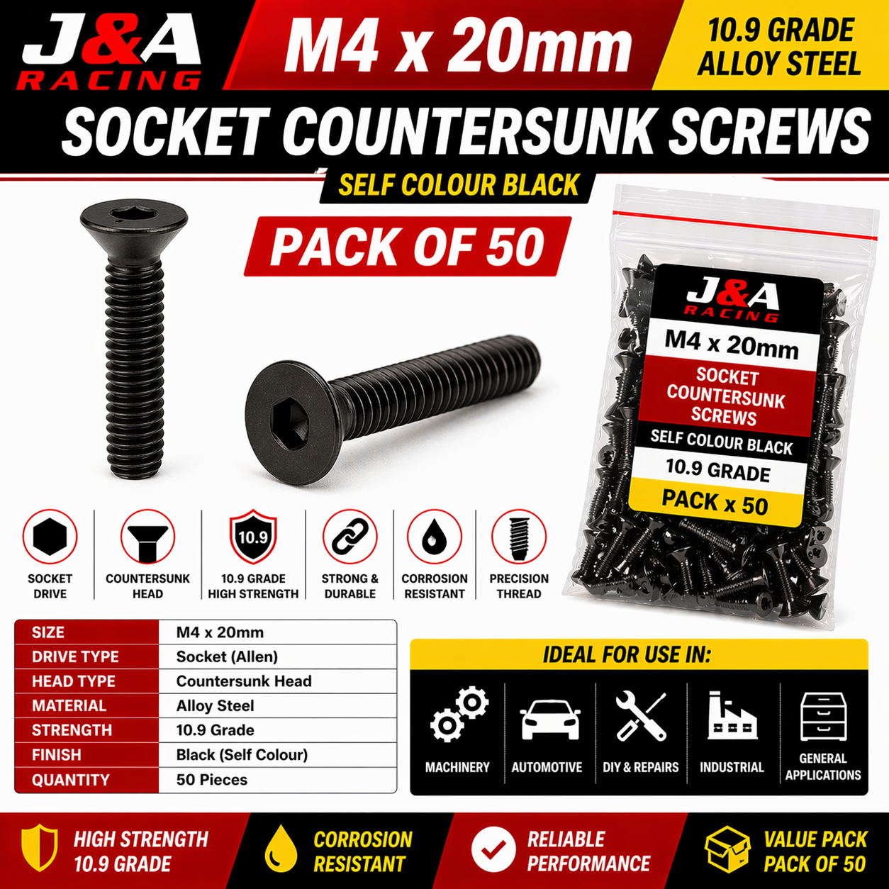 M4 x 20mm Countersunk Socket Screws - Black High Tensile 10.9 - Pack of 50