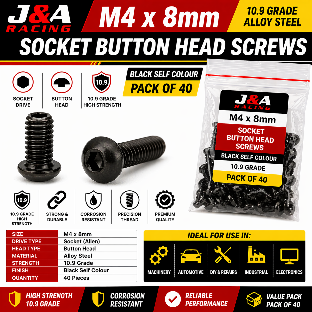 M4 x 8mm Socket Button Head Screws - Black High Tensile 10.9 - Pack of 40