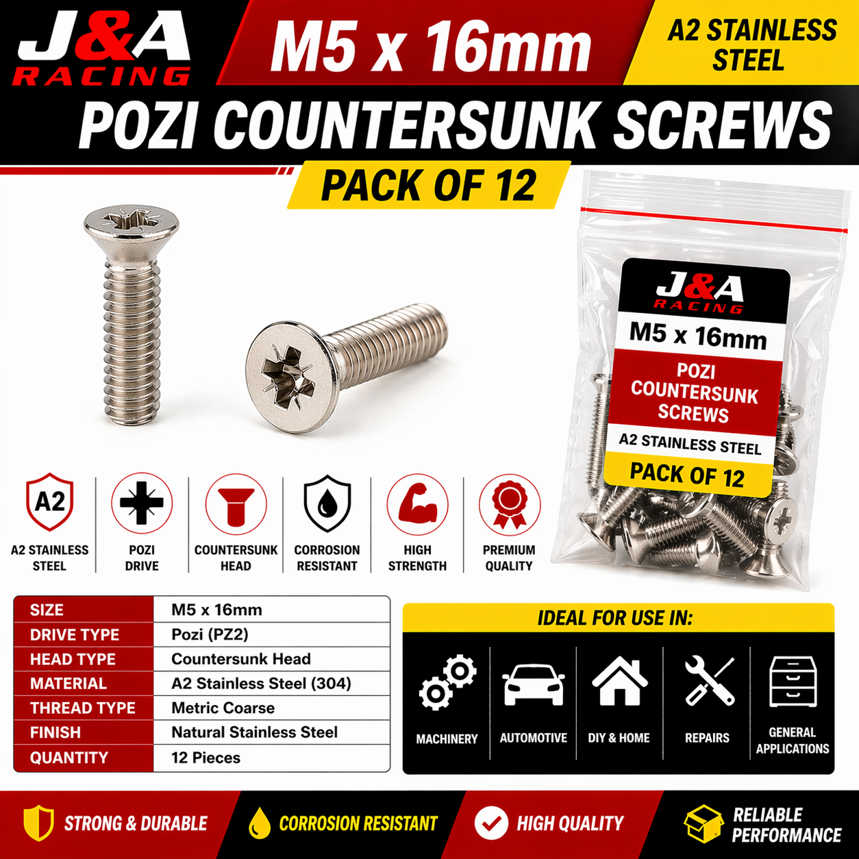 M5 x 16mm Pozi Countersunk Machine Screws - A2 Stainless Steel - Pack of 12