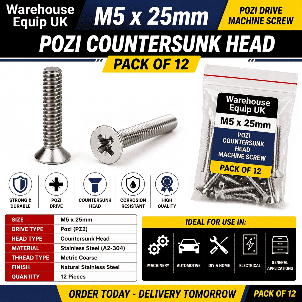 M5 x 25mm Pozi Countersunk Machine Screws - Pack of 12 – Warehouse Equip UK