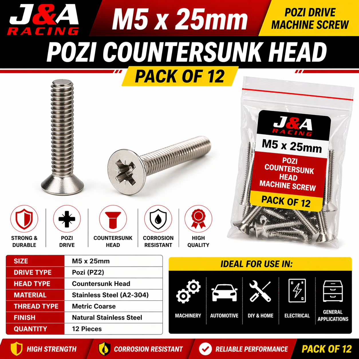 M5 x 25mm Pozi Countersunk Machine Screws - A2 Stainless Steel - Pack of 12