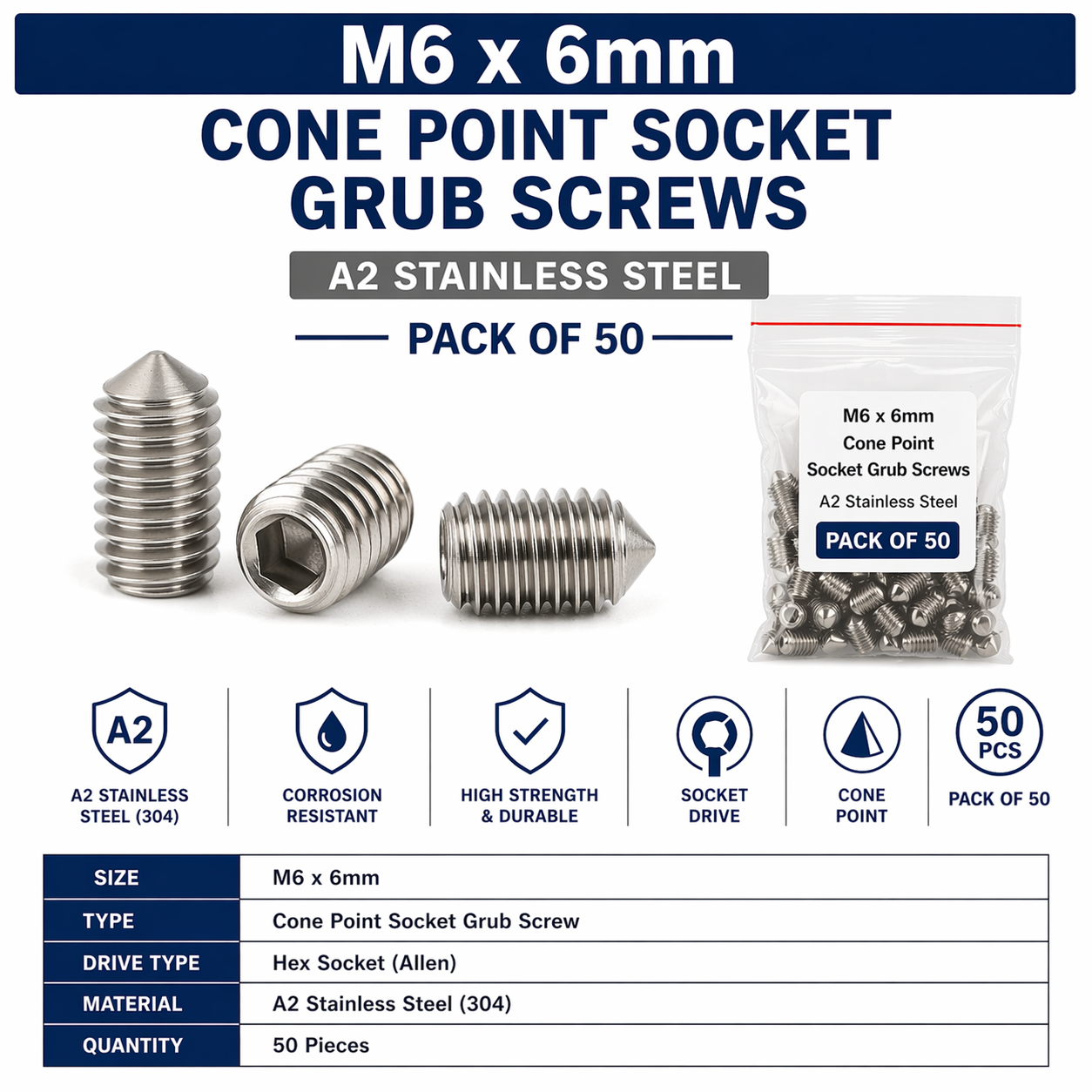 M6 x 6mm Cone Point Socket Grub Screws - A2 Stainless Steel - DIN 914 - Pack of 50
