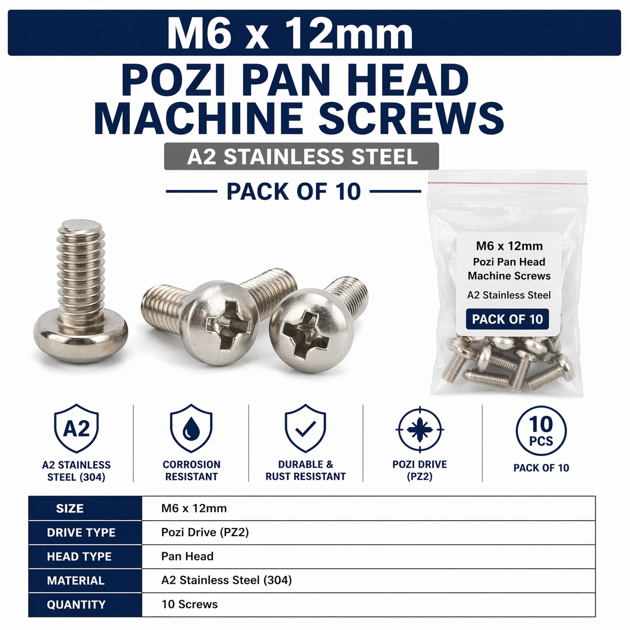 M6 x 12mm Pozi Pan Head Machine Screws - A2 Stainless Steel - Pack of 10