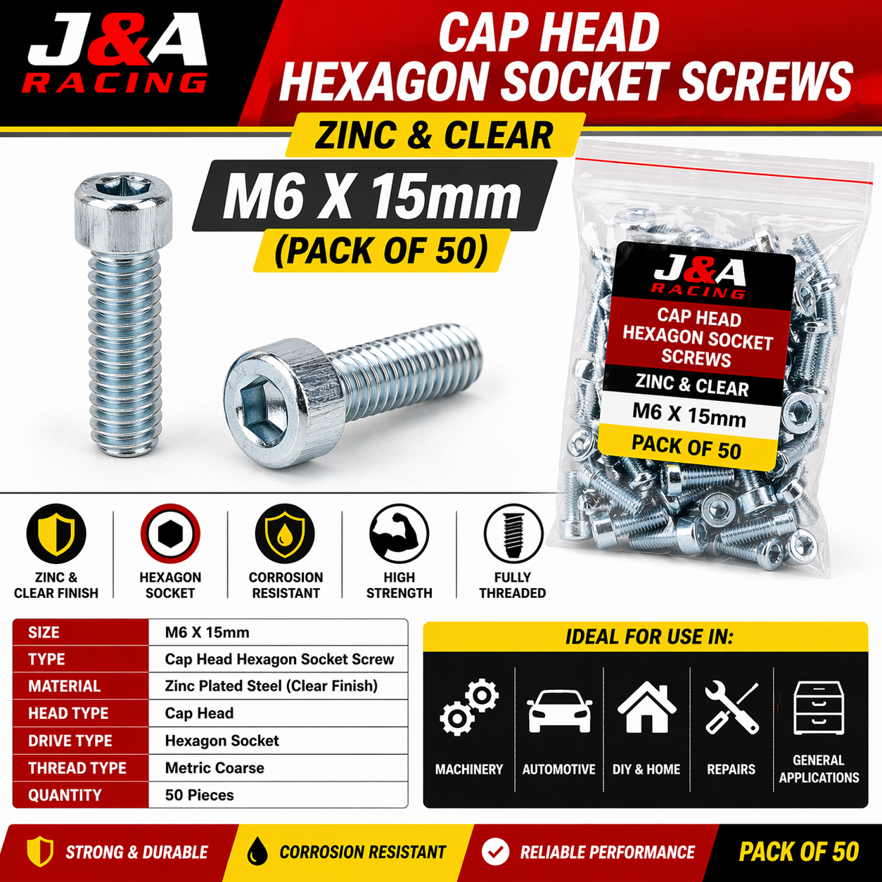 M6 x 15mm Socket Cap Head Screws - Zinc Plated - Pack of 50