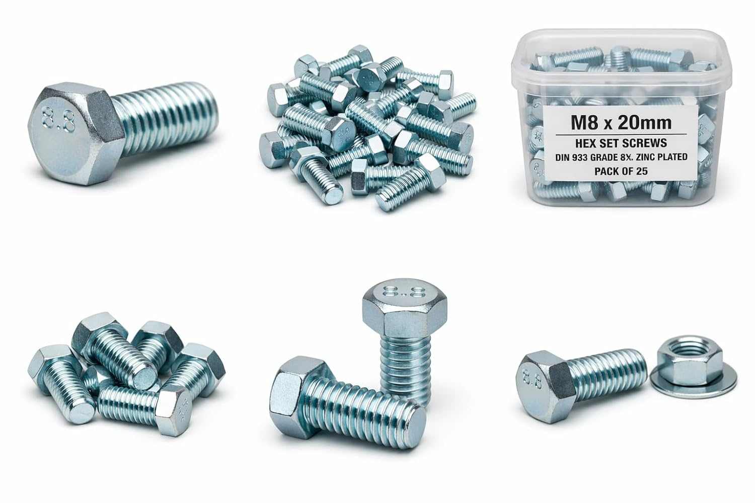 Pack of 25 M8 x 20mm hex head bolts with nuts and washers zinc plated grade 8.8 full thread DIN 933