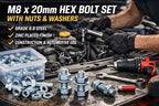 M8 x 20mm Hex Head Bolt DIN 933 Grade 8.8 Zinc Plated - Full Thread with Nuts & Washers (Pack of 25 Sets) Warehouse Equip UK - Warehouse Equip UK