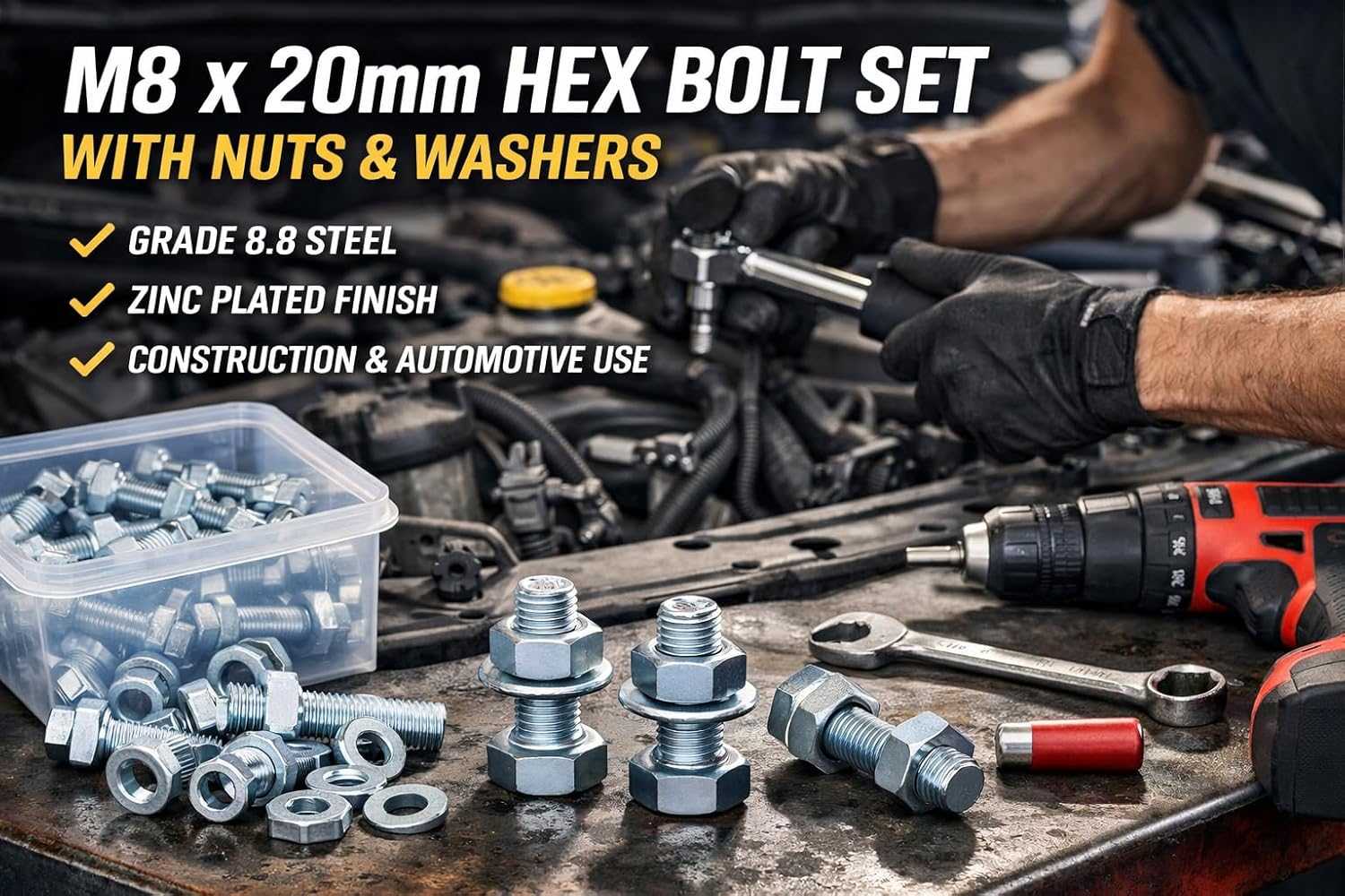 M8 x 20mm Hex Head Bolt DIN 933 Grade 8.8 Zinc Plated - Full Thread with Nuts & Washers (Pack of 25 Sets) | Warehouse Equip UK