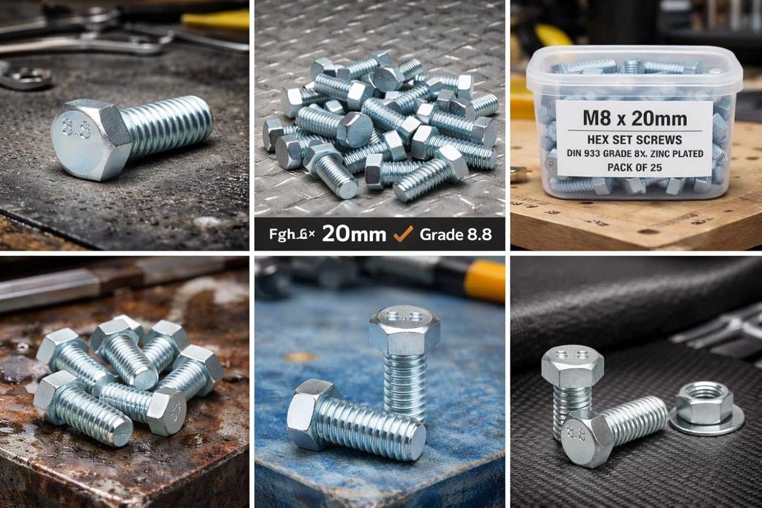 M8 x 20mm Hex Head Bolt DIN 933 Grade 8.8 Zinc Plated - Full Thread with Nuts & Washers (Pack of 25 Sets) | Warehouse Equip UK