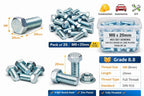 M8 x 20mm Hex Head Bolt DIN 933 Grade 8.8 Zinc Plated - Full Thread with Nuts & Washers (Pack of 25 Sets) Warehouse Equip UK - Warehouse Equip UK