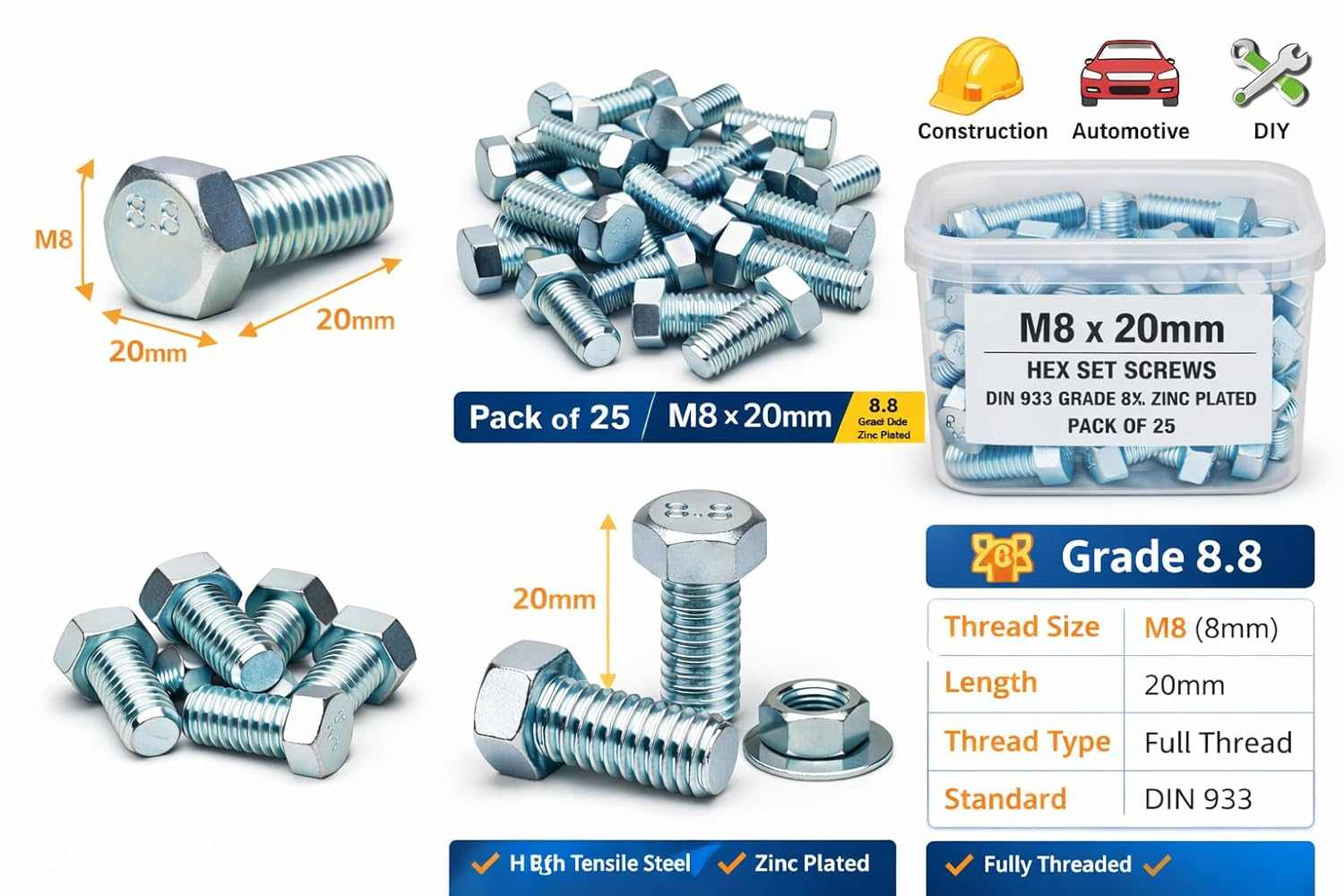 M8 x 20mm Hex Head Bolt DIN 933 Grade 8.8 Zinc Plated - Full Thread with Nuts & Washers (Pack of 25 Sets) | Warehouse Equip UK
