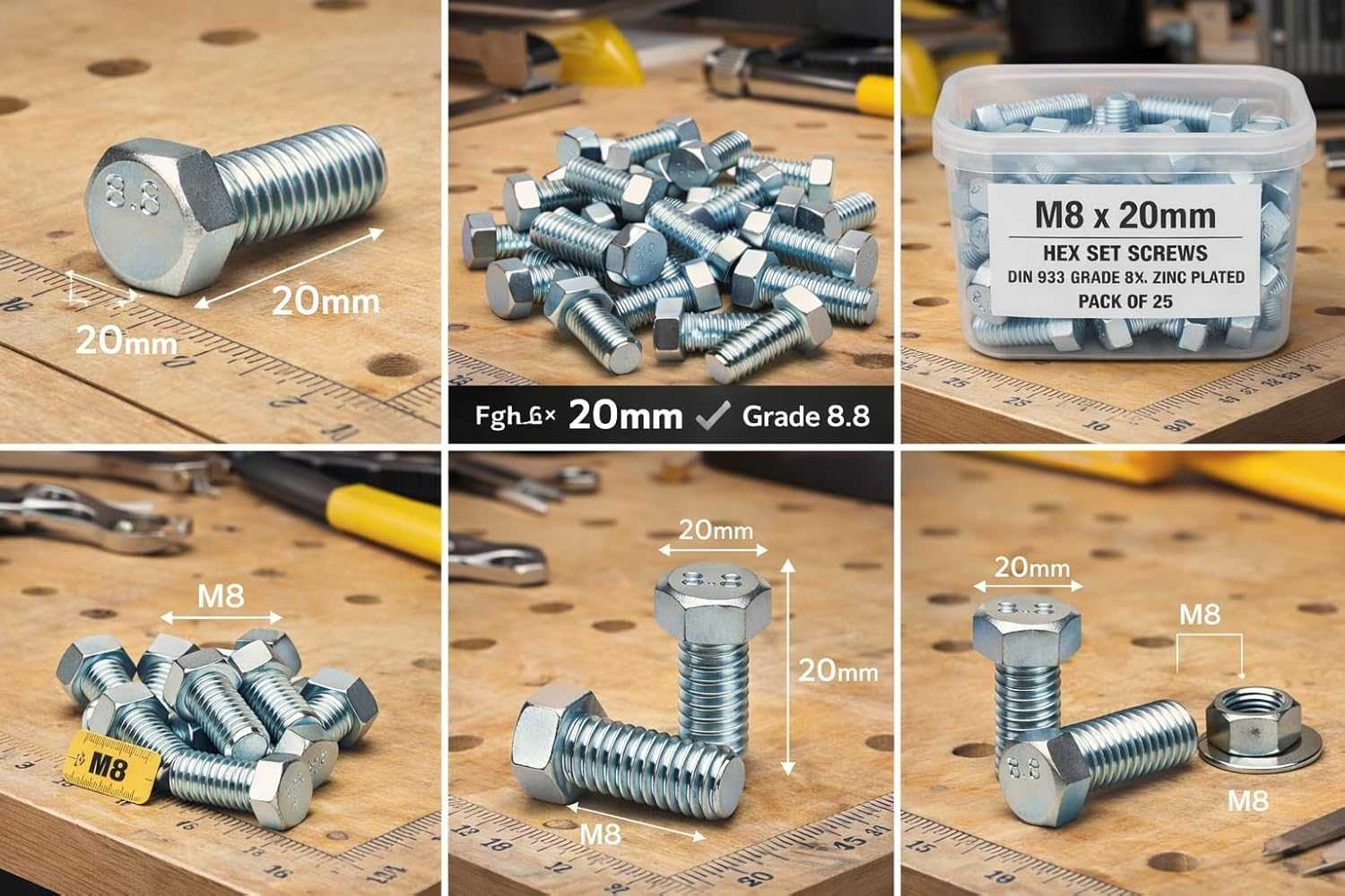 M8 x 20mm Hex Head Bolt DIN 933 Grade 8.8 Zinc Plated - Full Thread with Nuts & Washers (Pack of 25 Sets) | Warehouse Equip UK