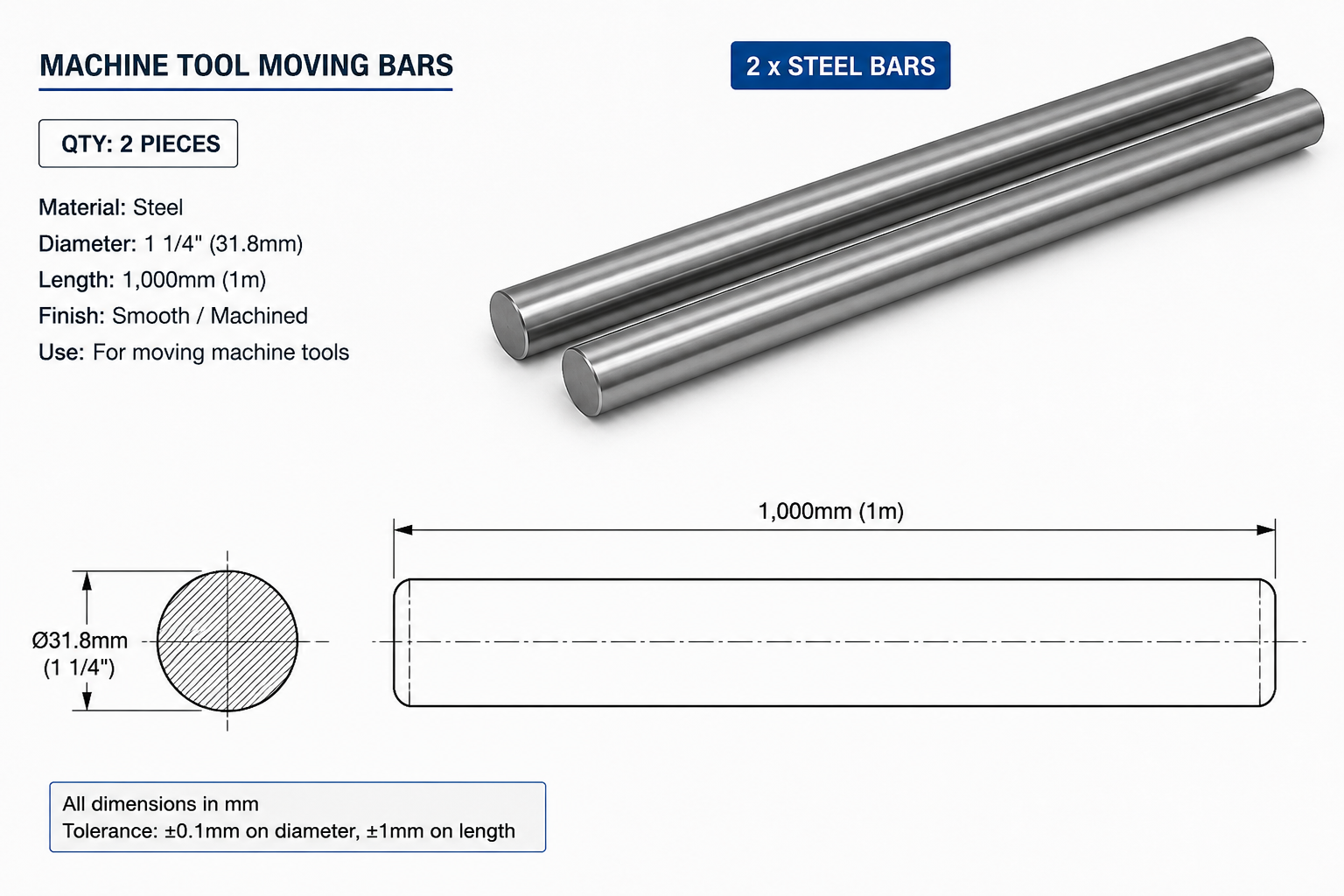 Machine Tool Moving Bar Rollers - 1-1/4" Dia x 1000mm Set of 2