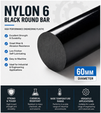 Nylon 6 Round Rod - Black 60mm Diameter, Grade A PA6 - Multiple Lengths