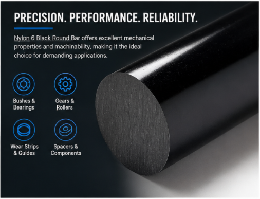 Nylon 6 Round Rod - Black 60mm Diameter, Grade A PA6 - Multiple Lengths