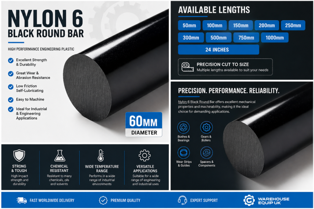 Nylon 6 (PA6) Black Rod 60mm x 100mm Engineering Plastic Bar