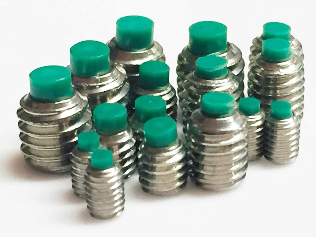 Pack of 16 nylon-tipped stainless steel grub screws, A2-304 grade, precision hex socket set screws for electronics and instruments.
