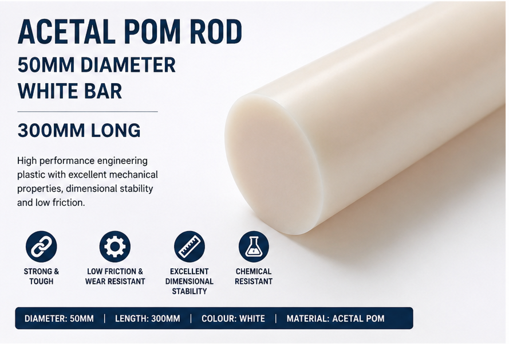 Acetal Rod white 50dia x 300mm