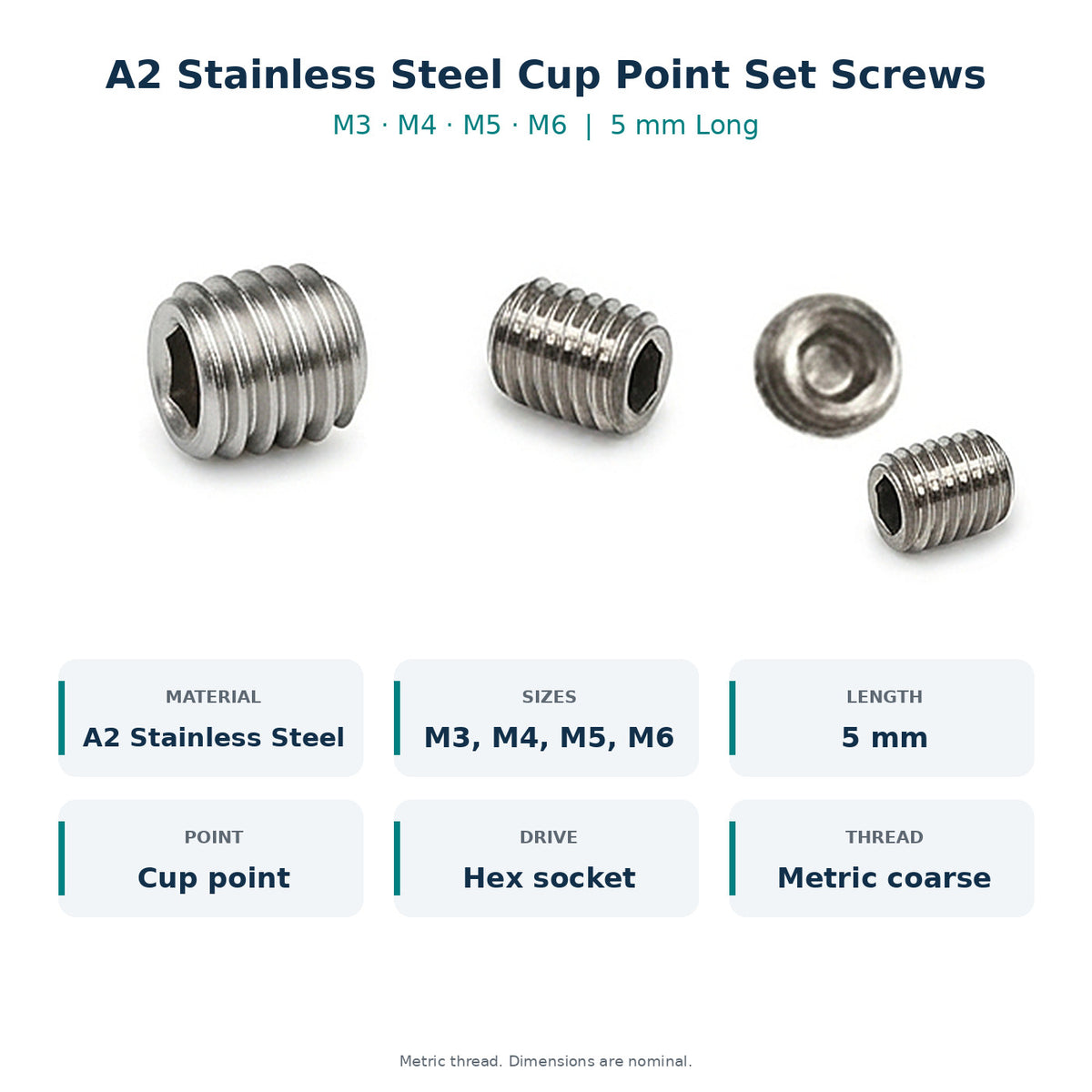 Cup Point Grub Screws, A2 Stainless Steel, M3–M6 x 5mm, 48 Pack