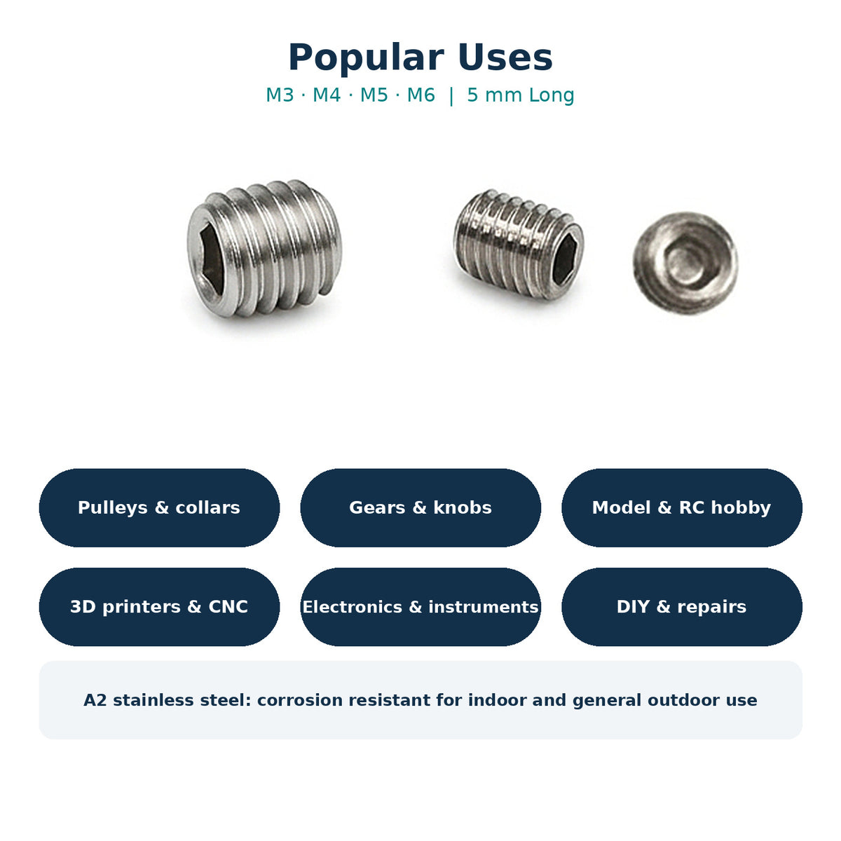Cup Point Grub Screws, A2 Stainless Steel, M3–M6 x 5mm, 48 Pack