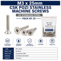 M3 x 25mm Countersunk Pozi Screws - A2 Stainless Steel - Pack of 25