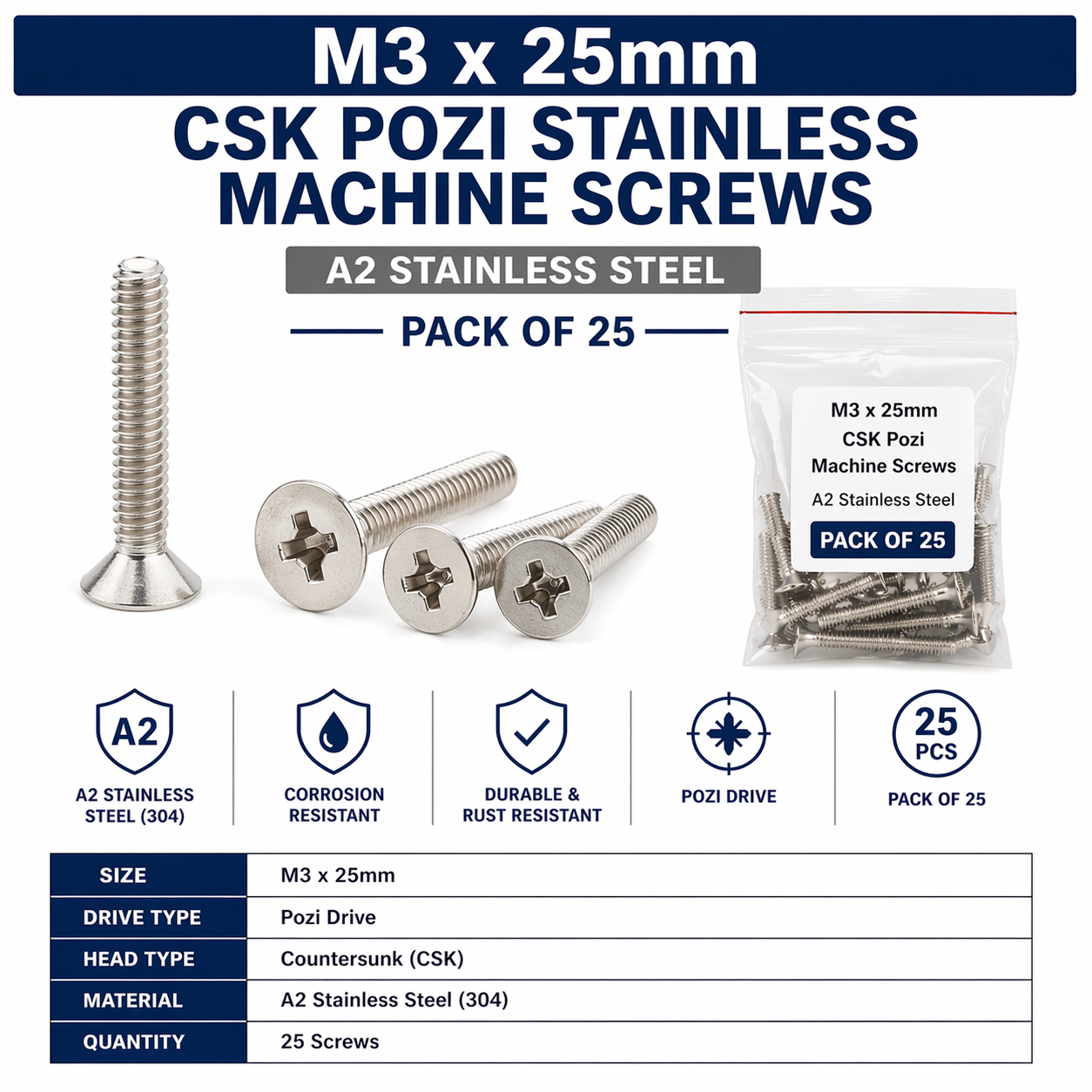 M3 x 25mm Countersunk Pozi Screws - A2 Stainless Steel - Pack of 25