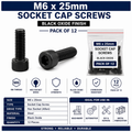 M6 x 25mm Socket Cap Head Screws - Black Oxide - Pack of 12