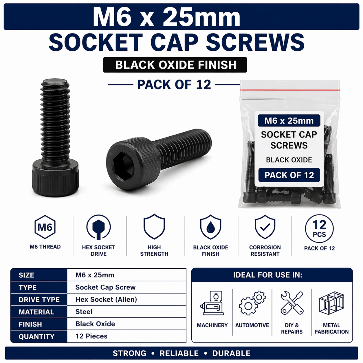 M6 x 25mm Socket Cap Head Screws - Black Oxide - Pack of 12