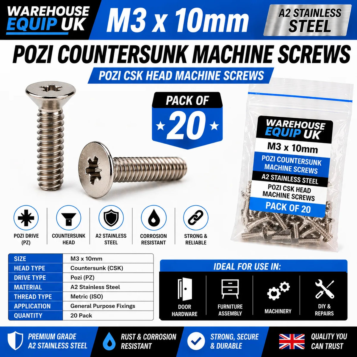 M3 x 10mm Pozi Countersunk Machine Screws - A2 Stainless Steel - Pack of 20